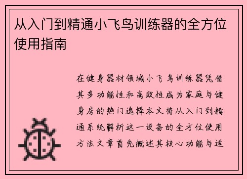 从入门到精通小飞鸟训练器的全方位使用指南