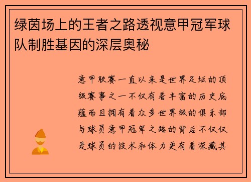 绿茵场上的王者之路透视意甲冠军球队制胜基因的深层奥秘
